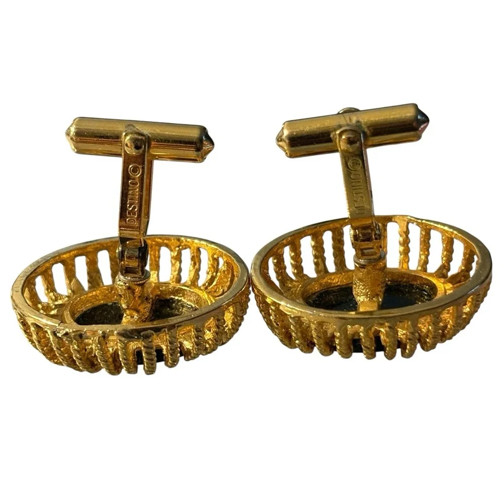 Vintage Destino Cufflinks‎ Black Center Gold Tone Oval Open Work Dome Design MCM